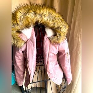 Pink elastic waist cloth coat with fur hood, size S